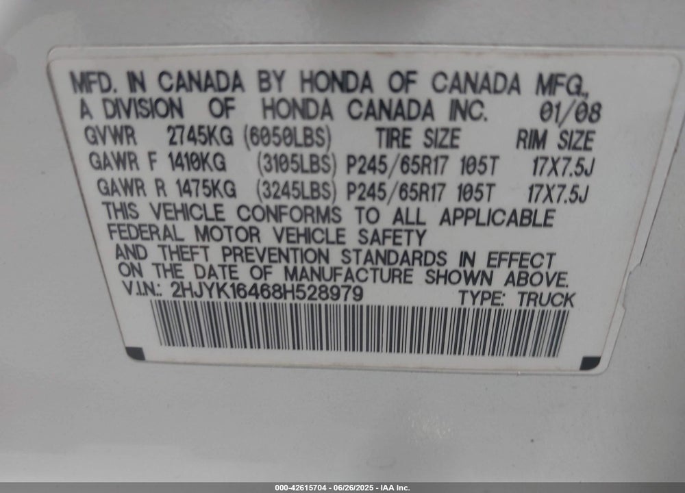 2008 HONDA RIDGELINE VIN: 2HJYK16468H528979