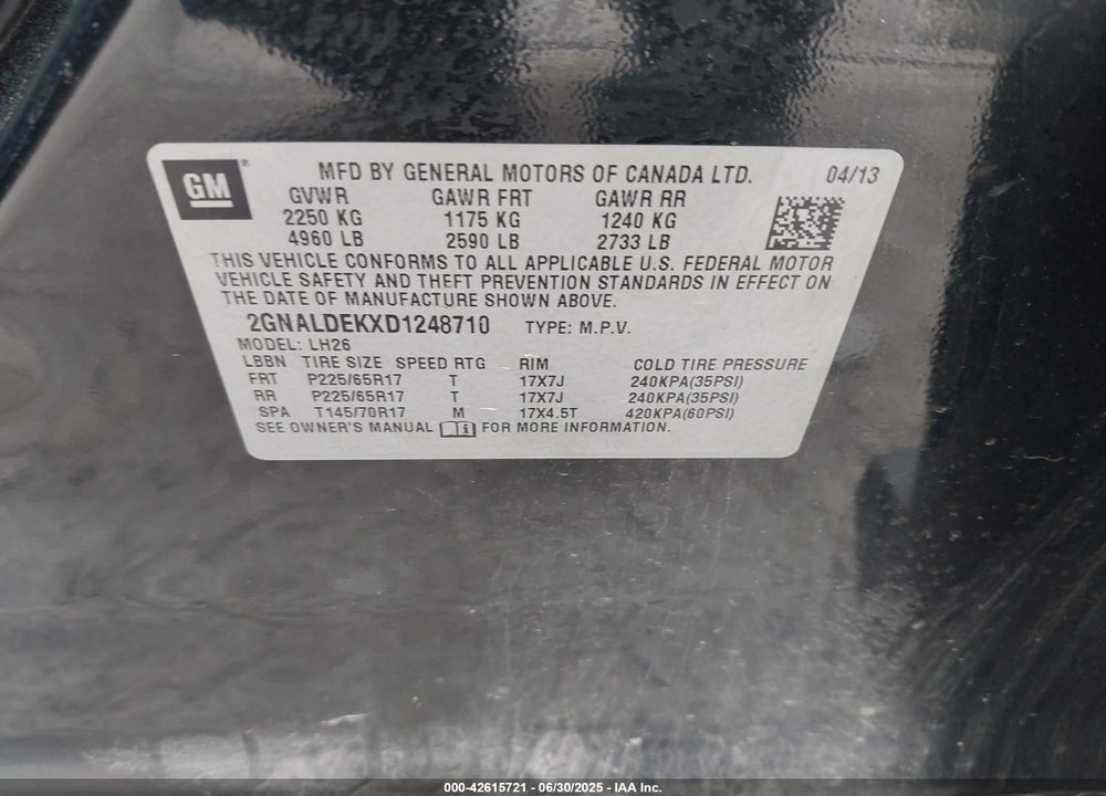 2013 CHEVROLET EQUINOX VIN: 2GNALDEKXD1248710