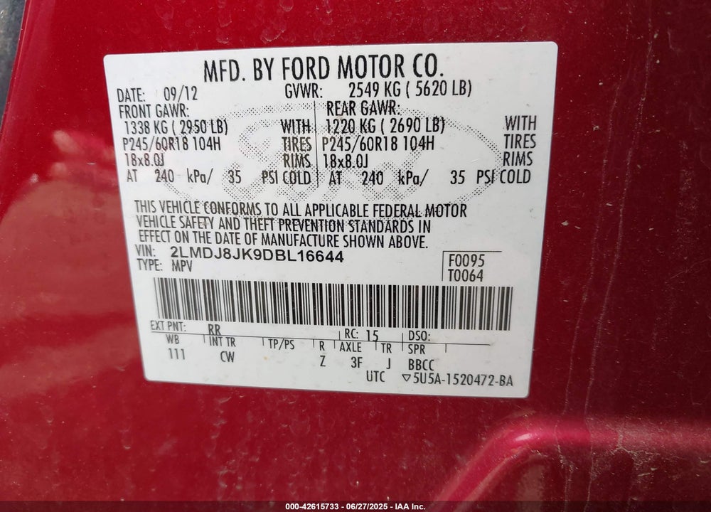 2013 LINCOLN MKX VIN: 2LMDJ8JK9DBL16644