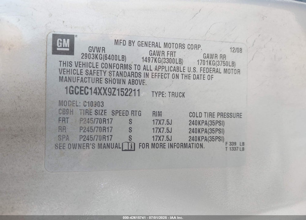 2009 CHEVROLET SILVERADO 1500 VIN: 1GCEC14XX9Z152211