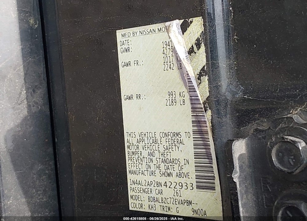 2011 NISSAN ALTIMA VIN: 1N4AL2AP2BN422933