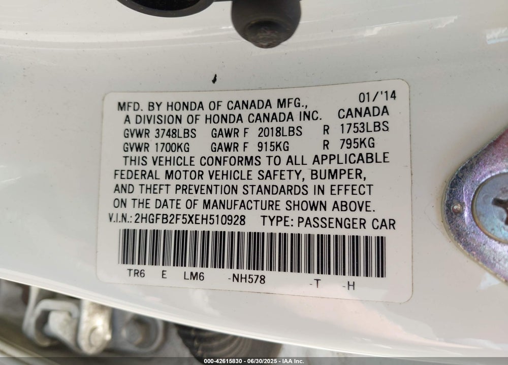 2014 HONDA CIVIC VIN: 2HGFB2F5XEH510928