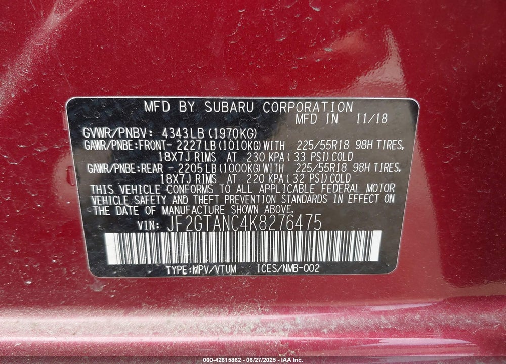 2019 SUBARU CROSSTREK 2.0I LIMITED VIN: JF2GTANC4K8276475