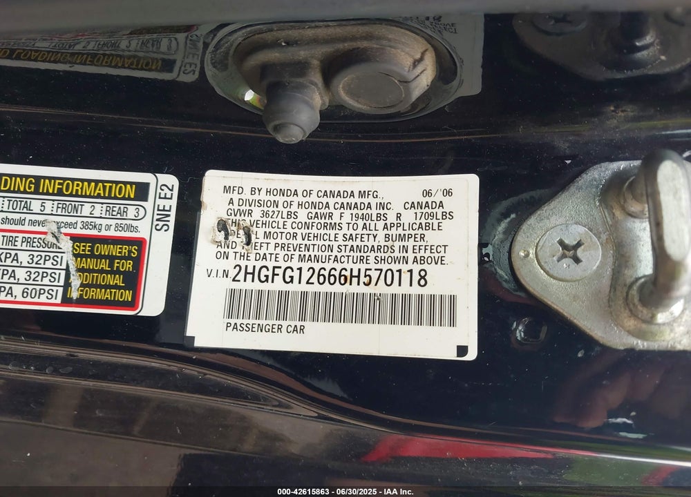 2006 HONDA CIVIC LX VIN: 2HGFG12666H570118