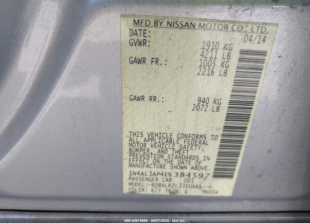 2014 NISSAN ALTIMA VIN: 1N4AL3AP4EN384597