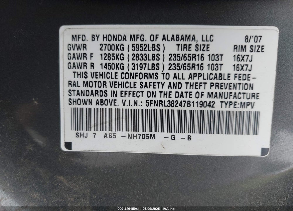 2007 HONDA ODYSSEY VIN: 5FNRL38247B119042