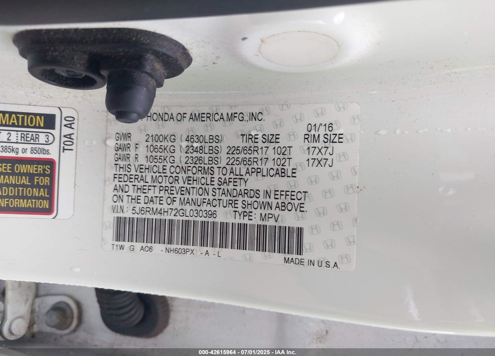 2016 HONDA CR-V VIN: 5J6RM4H72GL030396
