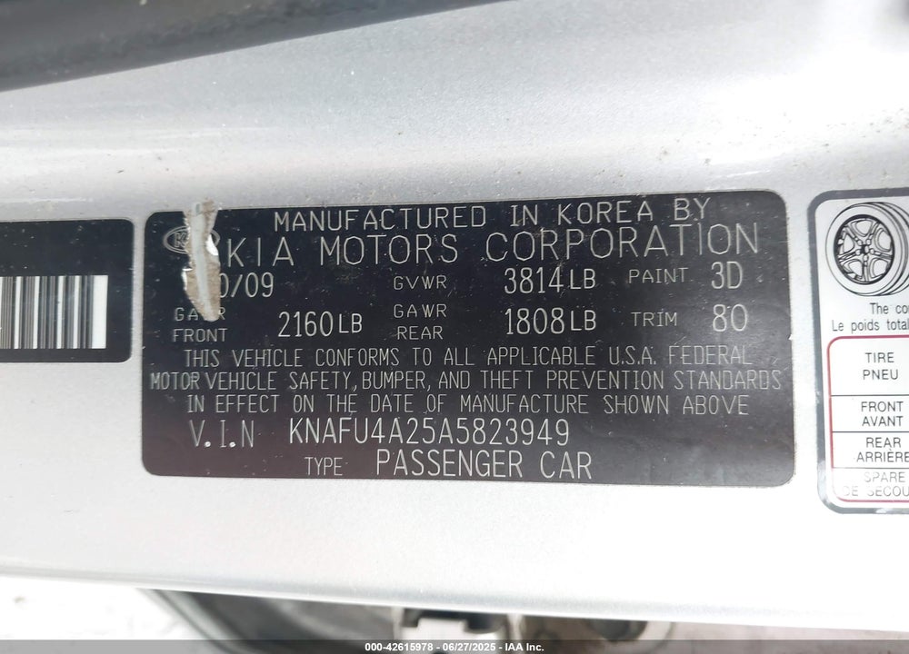 2010 KIA FORTE EX VIN: KNAFU4A25A5823949