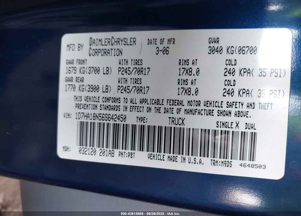 2006 DODGE RAM 1500 SLT VIN: 1D7HA18N56S642450