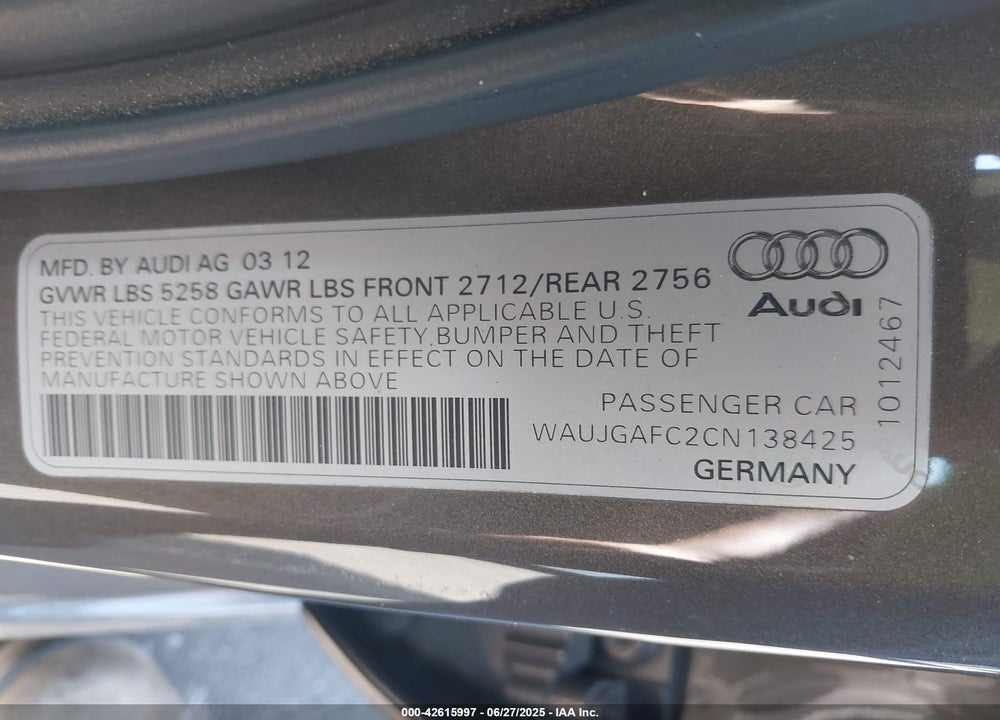 2012 AUDI A6 3.0 PREMIUM VIN: WAUJGAFC2CN138425