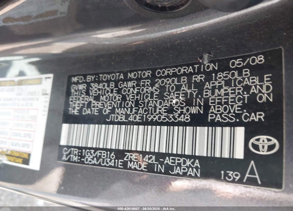 2009 TOYOTA COROLLA VIN: JTDBL40E199053348