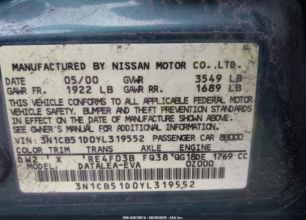 2000 NISSAN SENTRA GXE/XE VIN: 3N1CB51D0YL319552