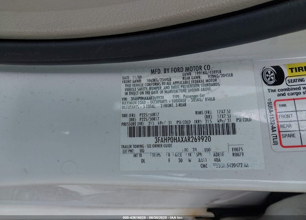 2010 FORD FUSION SE VIN: 3FAHP0HAXAR269920