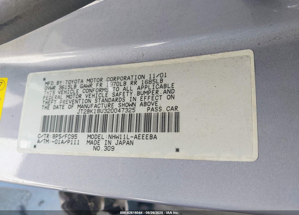 2002 TOYOTA PRIUS VIN: JT2BK18U320047325