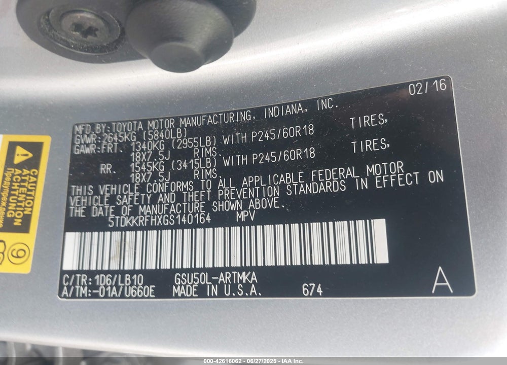2016 TOYOTA HIGHLANDER VIN: 5TDKKRFHXGS140164
