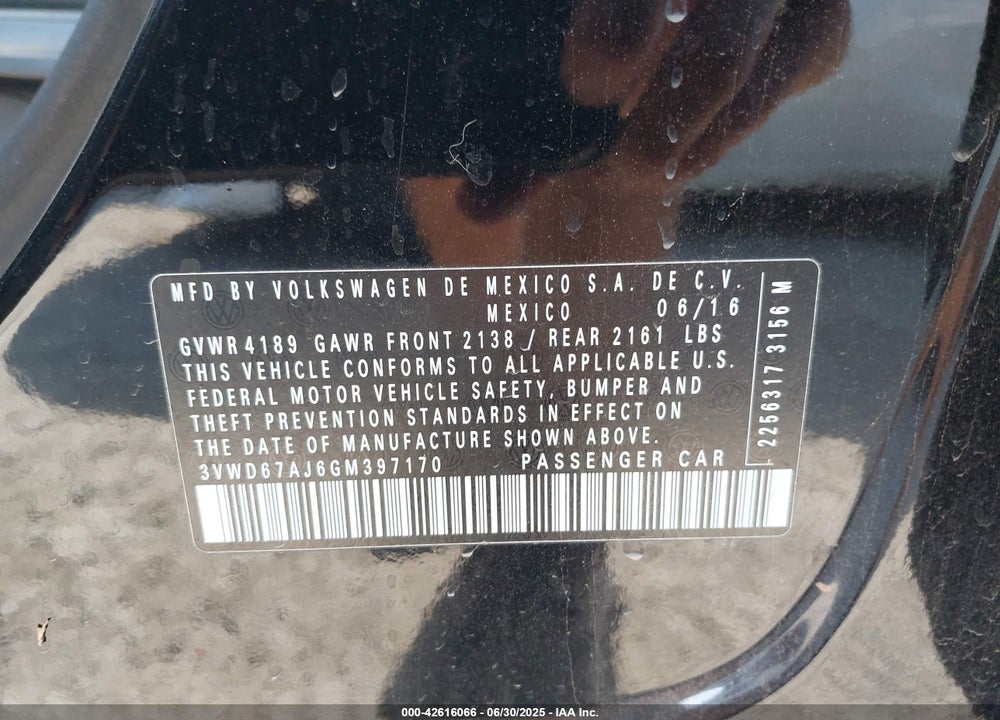 2016 VOLKSWAGEN JETTA VIN: 3VWD67AJ6GM397170