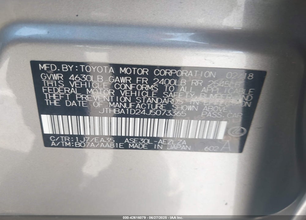 2018 LEXUS IS 300 VIN: JTHBA1D24J5073365