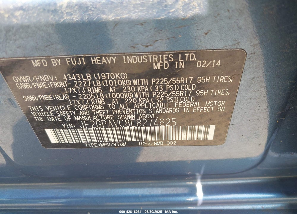 2014 SUBARU XV CROSSTREK VIN: JF2GPAVC8E8274625
