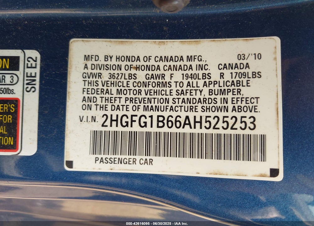 2010 HONDA CIVIC VIN: 2HGFG1B66AH525253