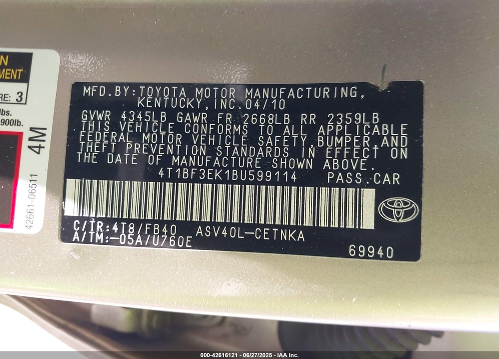 2011 TOYOTA CAMRY VIN: 4T1BF3EK1BU599114