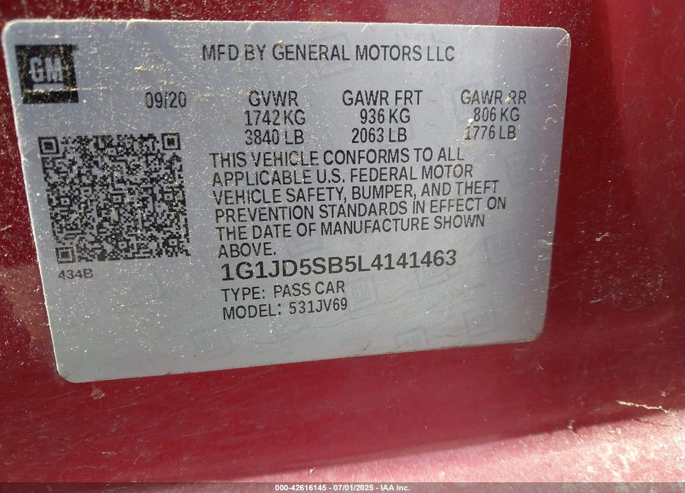2020 CHEVROLET SONIC VIN: 1G1JD5SB5L4141463
