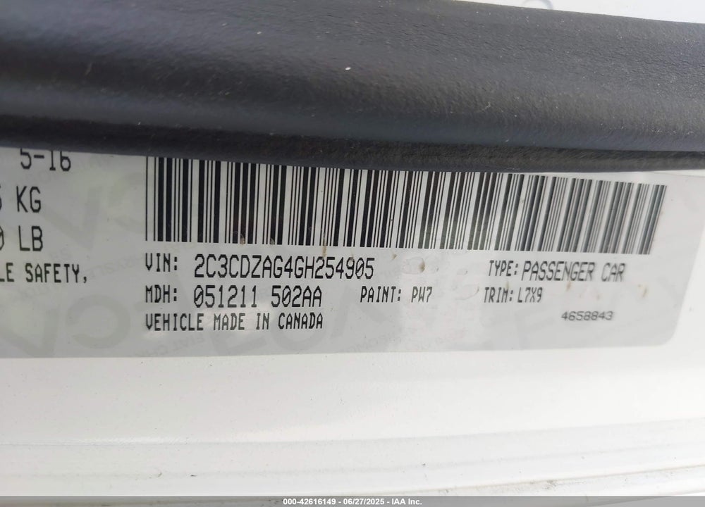 2016 DODGE CHALLENGER VIN: 2C3CDZAG4GH254905