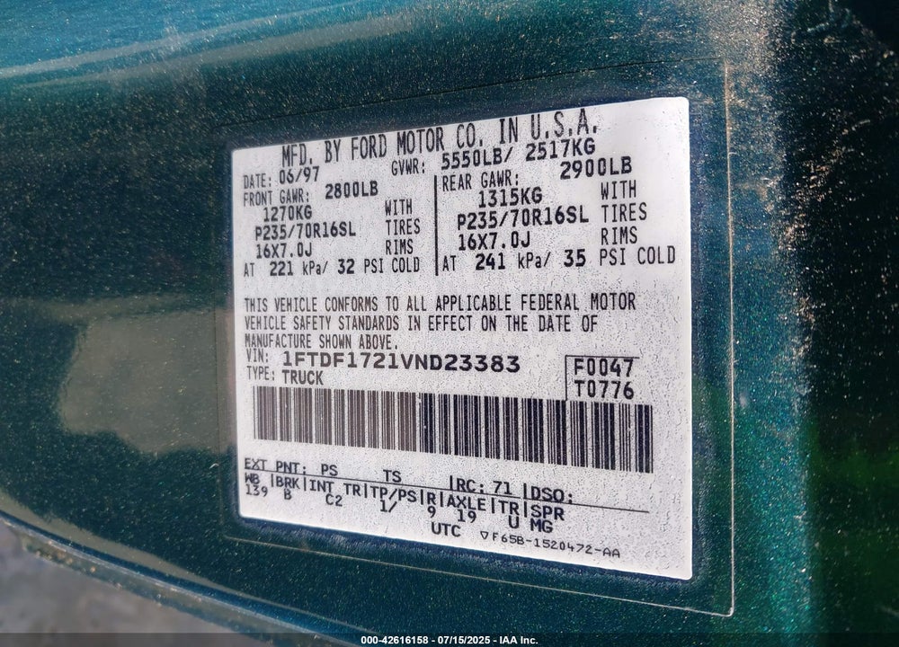 1997 FORD F-150 STANDARD/XL/XLT VIN: 1FTDF1721VND23383