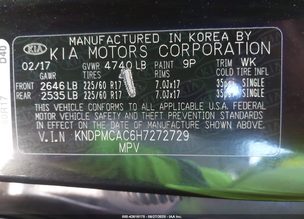 2017 KIA SPORTAGE VIN: KNDPMCAC6H7272729