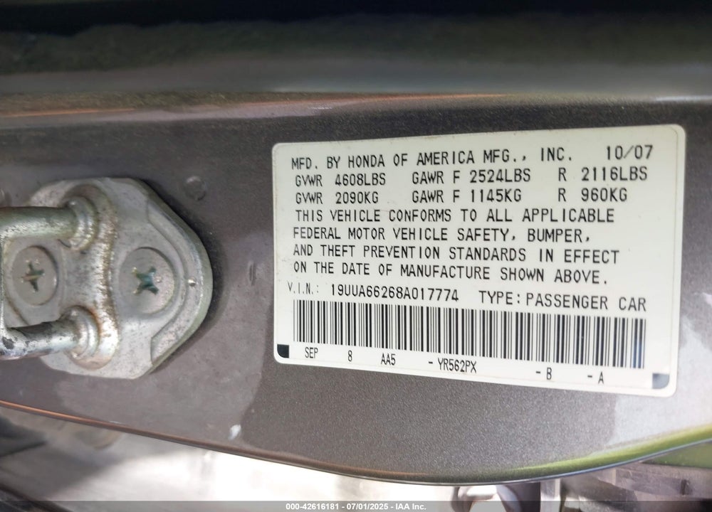 2008 ACURA TL 3.2 VIN: 19UUA66268A017774