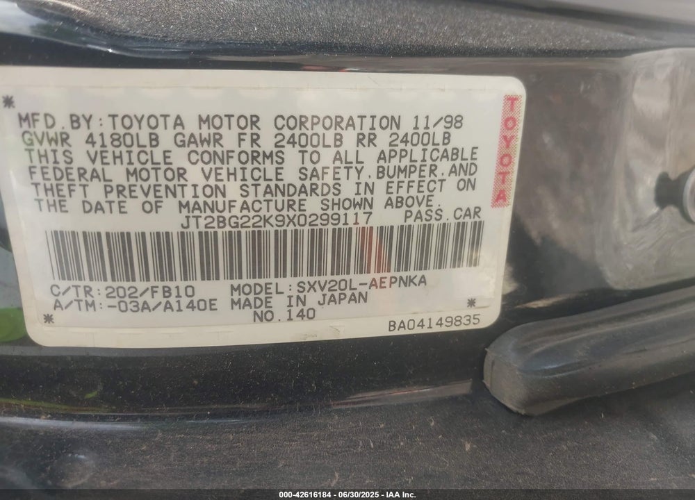 1999 TOYOTA CAMRY LE VIN: JT2BG22K9X0299117
