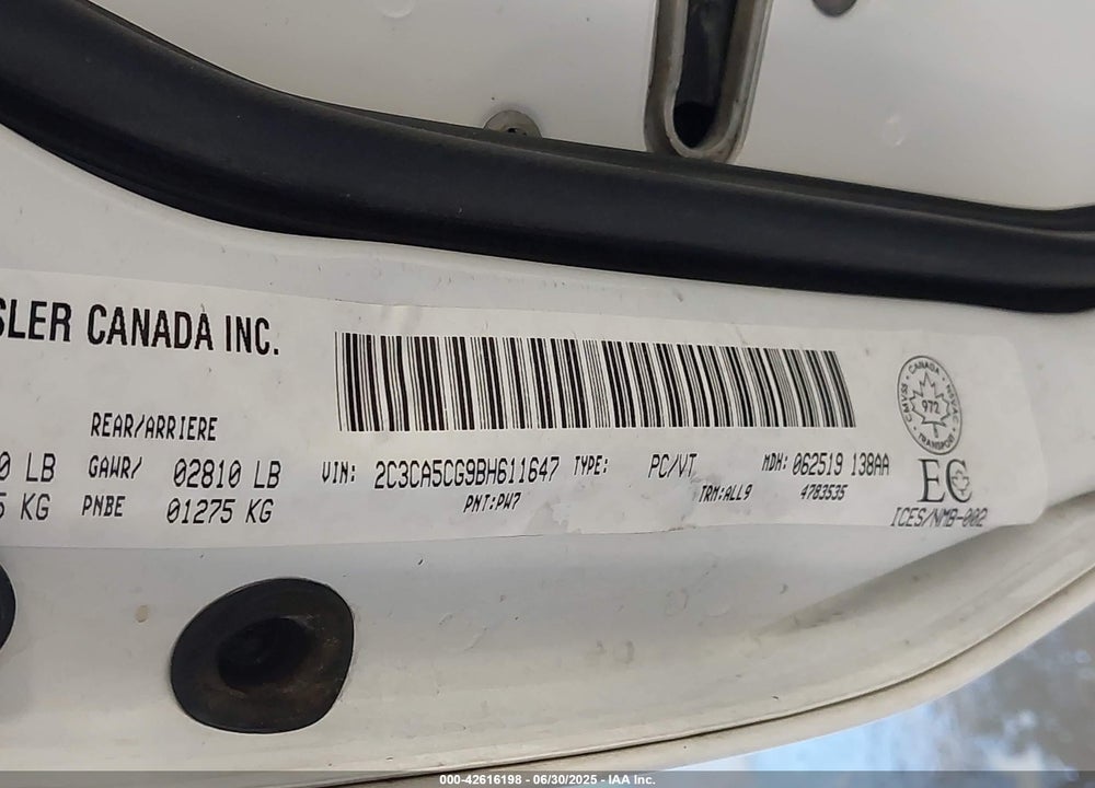 2011 CHRYSLER 300 LIMITED VIN: 2C3CA5CG9BH611647
