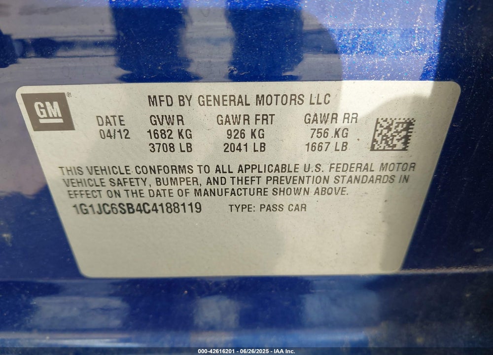 2012 CHEVROLET SONIC VIN: 1G1JC6SB4C4188119