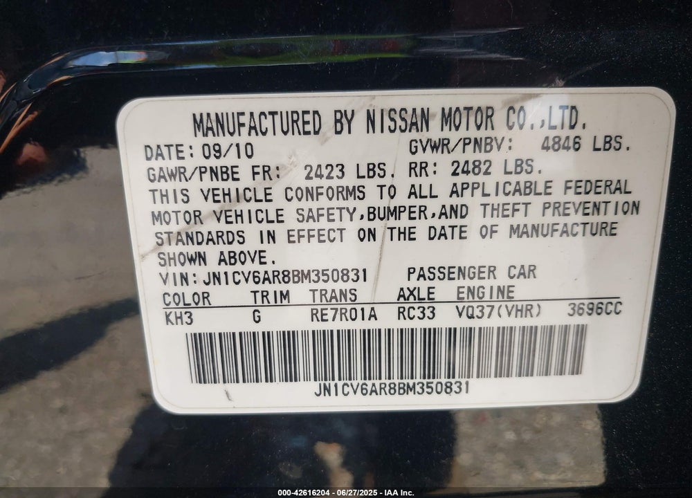 2011 INFINITI G37X VIN: JN1CV6AR8BM350831