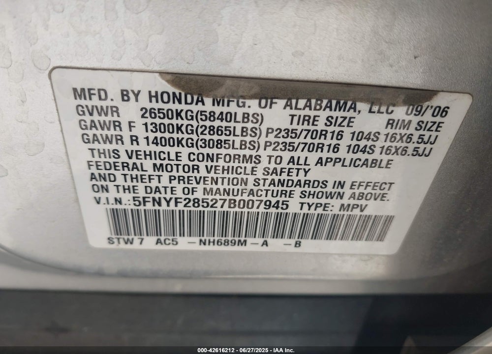 2007 HONDA PILOT VIN: 5FNYF28527B007945