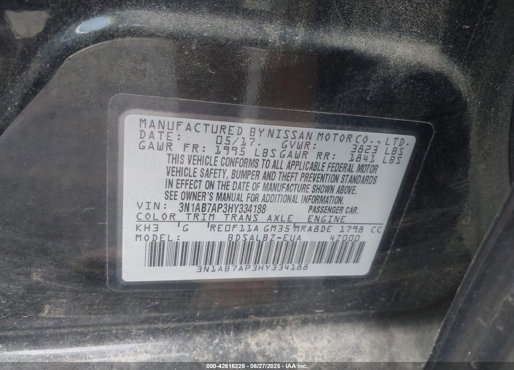2017 NISSAN SENTRA VIN: 3N1AB7AP3HY334188