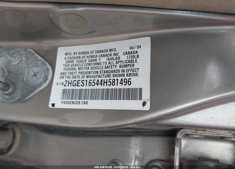 2004 HONDA CIVIC LX VIN: 2HGES16544H581496