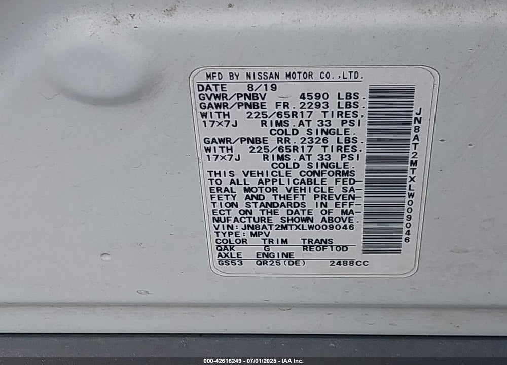 2020 NISSAN ROGUE VIN: JN8AT2MTXLW009046