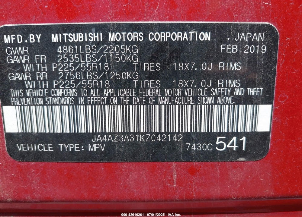 2019 MITSUBISHI OUTLANDER VIN: JA4AZ3A31KZ042142