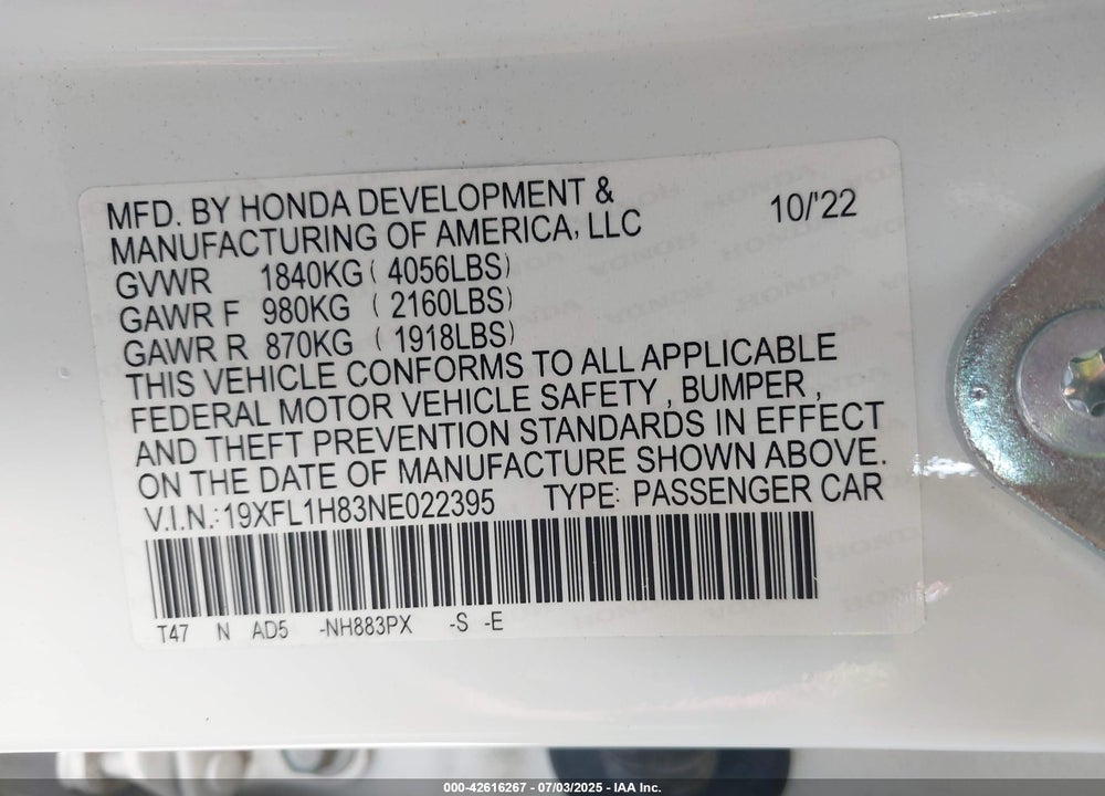 2022 HONDA CIVIC VIN: 19XFL1H83NE022395