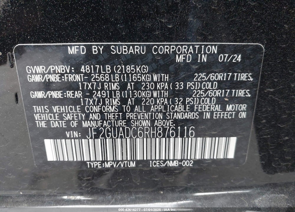 2024 SUBARU CROSSTREK VIN: JF2GUADC6RH876116
