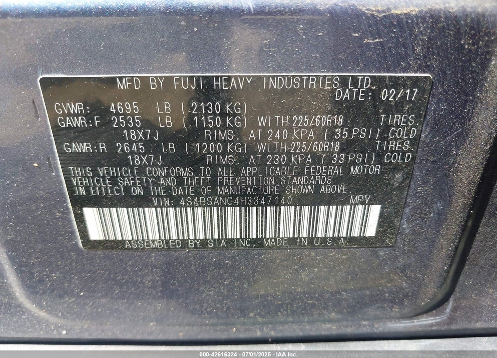 2017 SUBARU OUTBACK 2.5I LIMITED VIN: 4S4BSANC4H3347140