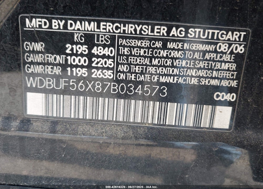 2007 MERCEDES-BENZ E-CLASS VIN: WDBUF56X87B034573