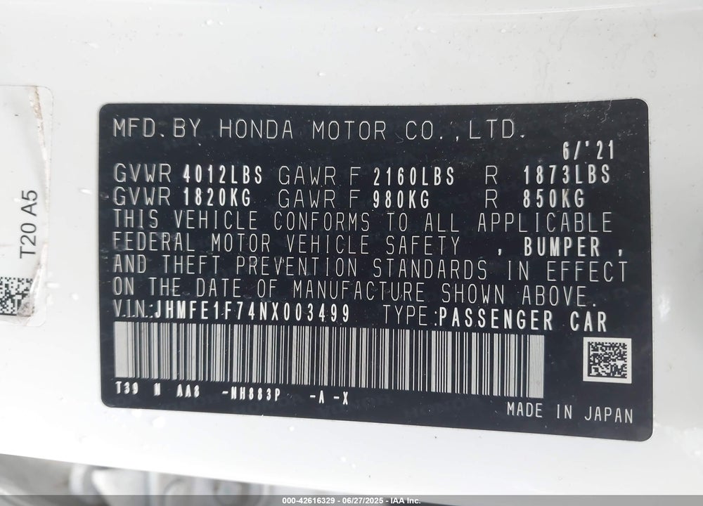 2022 HONDA CIVIC EX VIN: JHMFE1F74NX003499