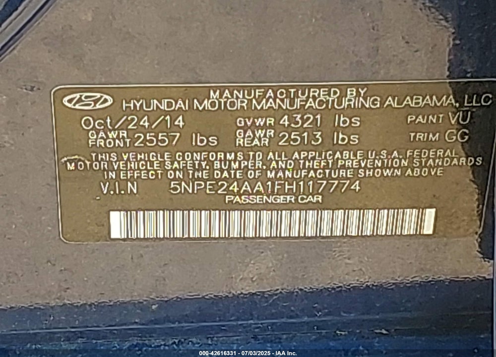 2015 HYUNDAI SONATA VIN: 5NPE24AA1FH117774