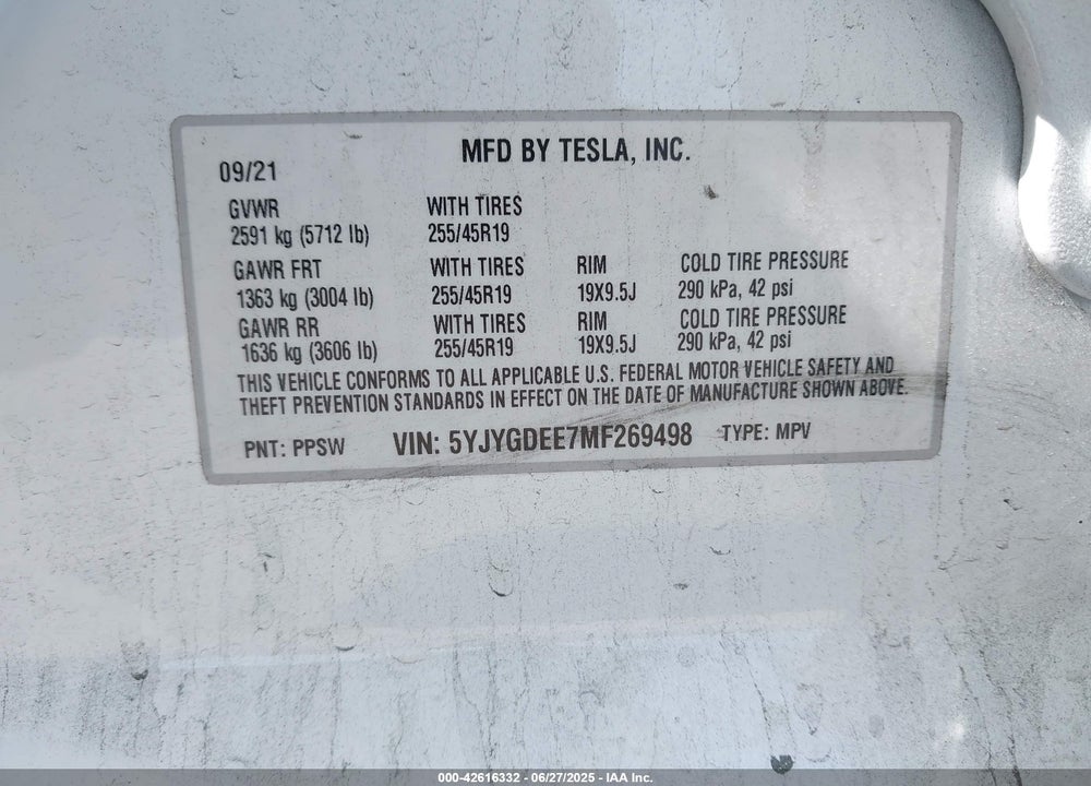 2021 TESLA MODEL Y LONG RANGE DUAL MOTOR ALL-WHEEL DRIVE VIN: 5YJYGDEE7MF269498