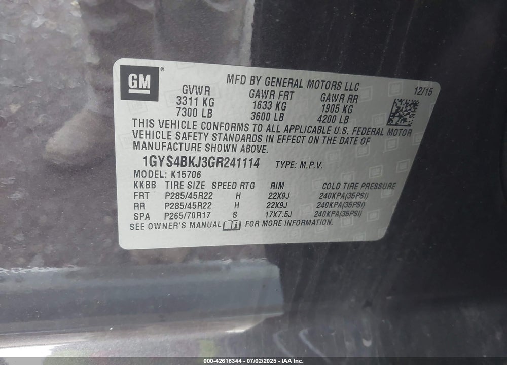 2016 CADILLAC ESCALADE VIN: 1GYS4BKJ3GR241114