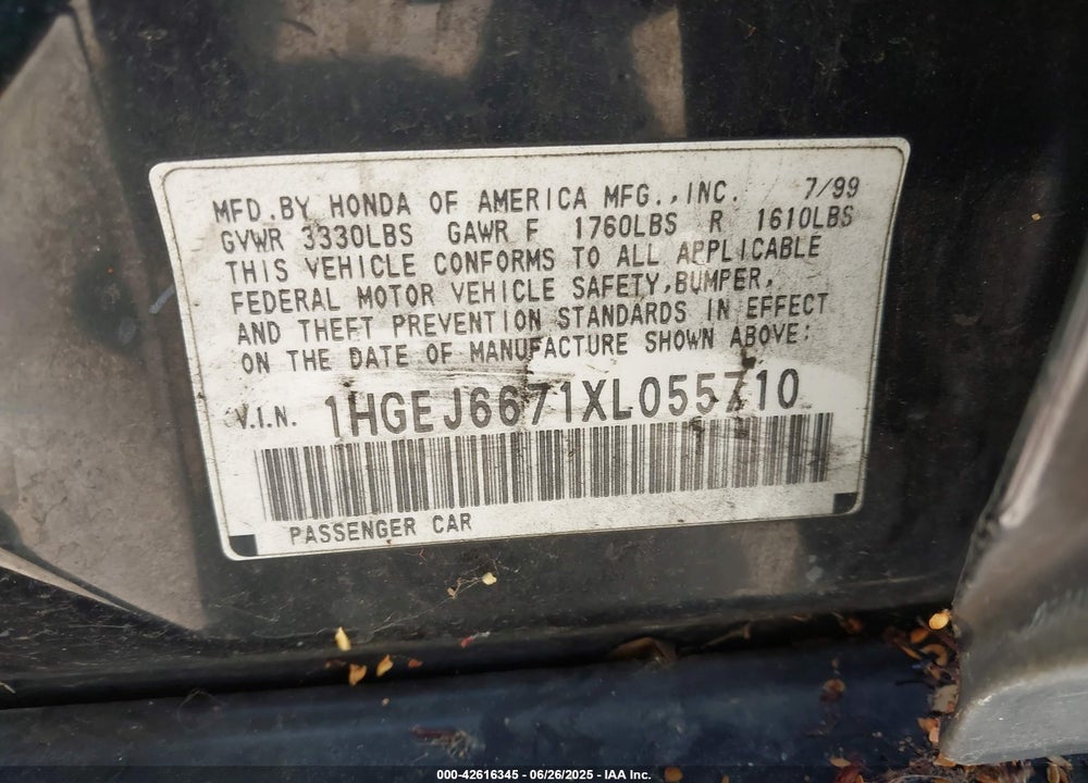 1999 HONDA CIVIC LX VIN: 1HGEJ6671XL055710
