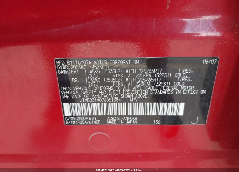 2007 TOYOTA RAV4 VIN: JTMBD31V076051384