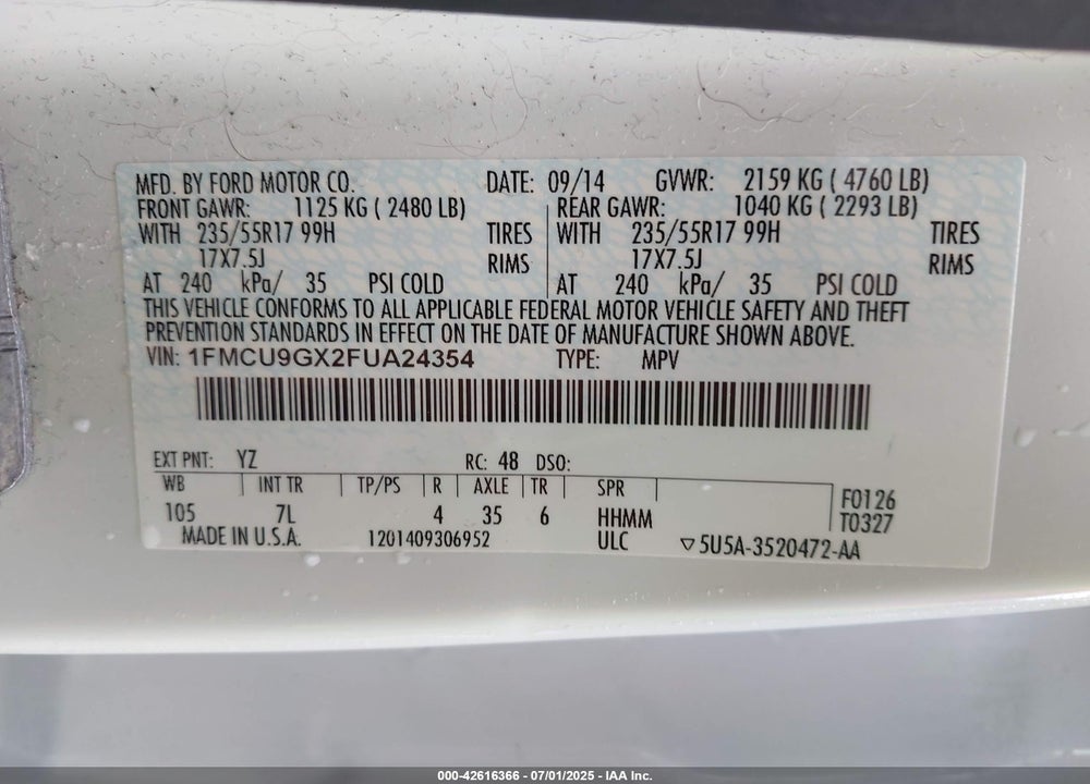 2015 FORD ESCAPE VIN: 1FMCU9GX2FUA24354