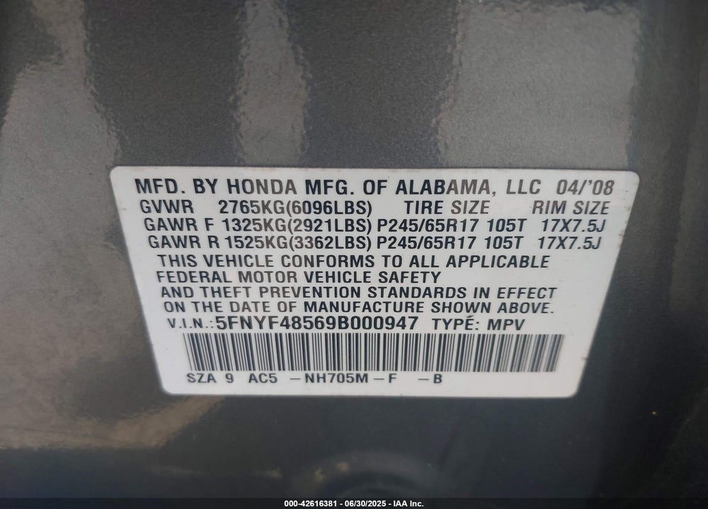 2009 HONDA PILOT EX-L VIN: 5FNYF48569B000947